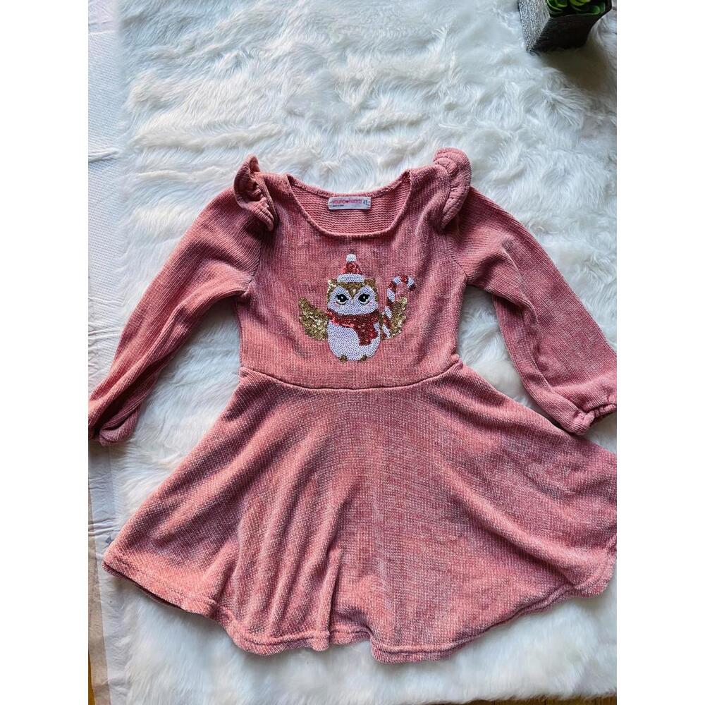 Girls' Long Sleeve Pink Knit Dress with Sequin Owl Design Size 4T